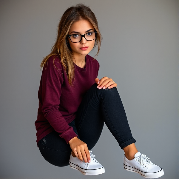 Skinny woman with brown hair and blue eyes and black glasses wearing a maroon long sleeve shirt, black ripped jeans and white vans.