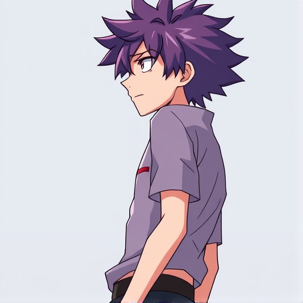 My hero academia oc. Purple fluffy hair. Male. Side view down to waist.