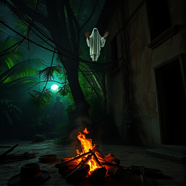 Scène nocturne au Mexique, atmosphère oppressante et chargée de mystère à la suite d'un meurtre non résolu près d'un barbecue encore fumant, dont les braises rougeoyantes projettent des ombres mouvantes sur les murs fissurés d'une vieille hacienda abandonnée. Spectre éthéré flottant au-dessus de la scène, dégageant une aura sinistre et glaçante, les mains tendues comme pour réclamer justice ou se livrer à une malédiction ancestrale. En arrière-plan, des silhouettes inquiétantes dissimulées partiellement derrière le rideau végétal dense et touffu d'une forêt tropicale luxuriante se profilent menaçantes, baignées par une lumière tamisée et verdâtre qui filtre à travers le feuillage dense agité par une brise légère. Les branches entrelacées forment un labyrinthe ombreux créant l'illusion de formes surnaturelles en mouvement. L'air est chargé d'une tension palpable et électrique, coupé parfois par le cri lointain d'un animal nocturne, suggérant un danger imminent et une peur sourde qui émane du sol gorgé de secrets enfouis depuis longtemps. La scène est parsemée de détails macabres tels que des objets personnels éparpillés et témoins silencieux du drame: un chapeau sombrero froissé, un collier brisé ou encore une photographie partiellement brûlée dont les contours noircis se détachent faiblement contre la terre battue.