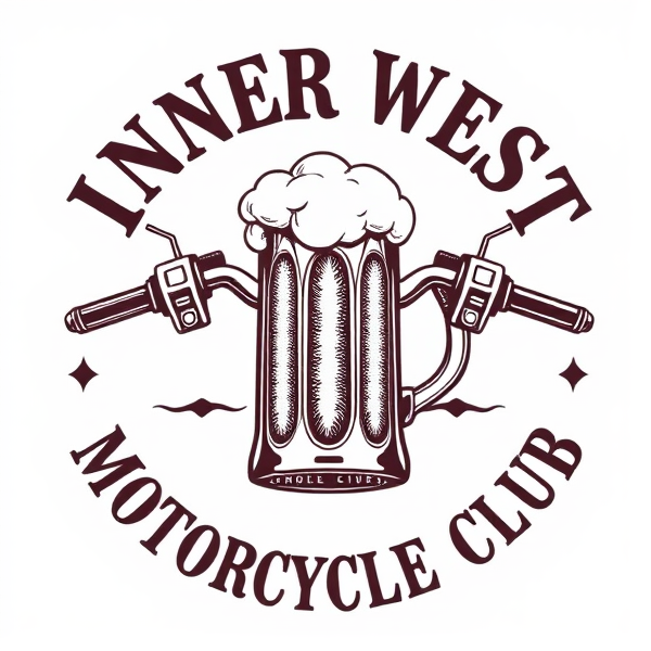 Create a detailed emblem for the "Inner West Motorcycle Club" featuring an intricate pairing of motorcycle handlebars and a frothy beer mug as central elements, with bold Gothic or vintage lettering of the club name encircling the design. The aesthetic should evoke a sense of camaraderie and adventure, characteristic of biker culture.