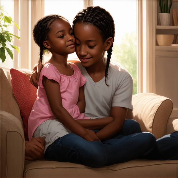 An 8-year-old African girl with intricate traditional braided hair, sitting comfortably on her mother's lap, both exuding a warm and nurturing atmosphere. The mother is depicted as loving and protective, embracing her daughter in a cozy, homelike setting and there are his father also with her