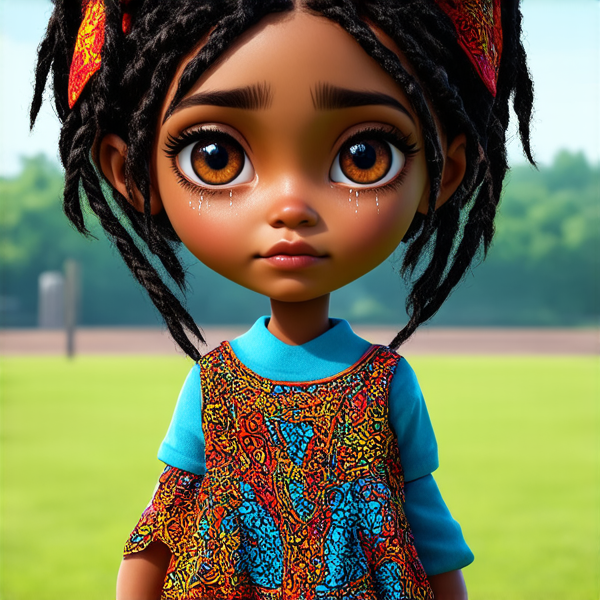prompt: Une jeune fille de huit ans avec des tresses africaines noires, les yeux embués de larmes, l'expression triste et émotive, vêtue d'une robe colorée style ethnique, dans une cour d'école