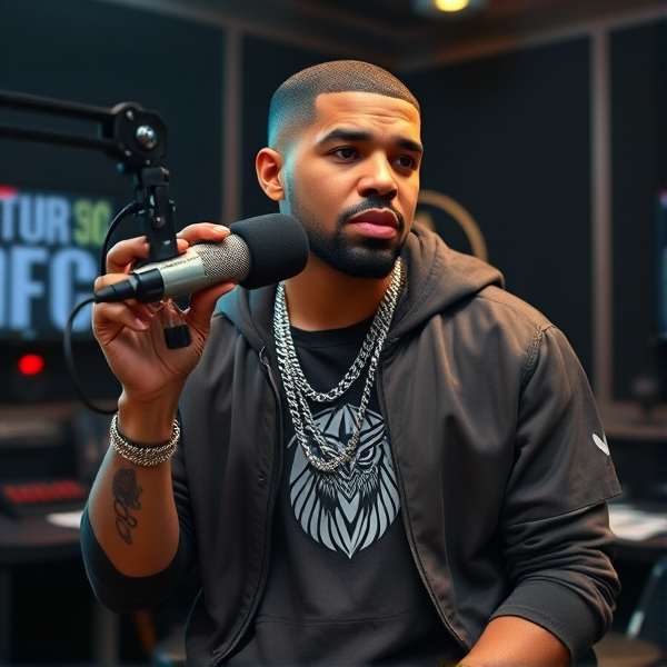 Drake, the rapper, in a dynamic studio setting with a microphone, showcasing his iconic OVO owl tattoo and wearing fashionable streetwear