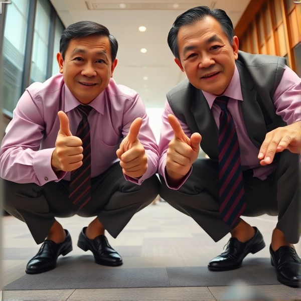 Deux hommes d affaires japonais senior accroupis qui regardent la caméra 
Chemise rose foncée et longue cravate rayée large. Ils claquent les doigts 

Vue contre-plongée