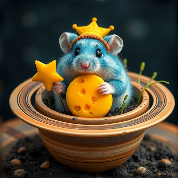 Hamster in a Saturn plant pot with rings with potting soil and other sprouts and blue sparkly fur with star eyes with a sunshine hat in the solar system holding a star and a moon made of Swiss cheese  in realism
