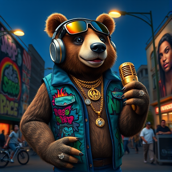 Un ours anthropomorphe ultra-cool adoptant une posture décontractée typique du hip-hop, avec un casque de DJ surdimensionné, noir mat avec des touches chromées brillantes, posé négligemment sur la tête et légèrement incliné. Il porte un gilet kangourou urbain, aux nuances de bleu électrique et vert acide, couvert de graffitis multicolores vibrant sous les spots LED qui l'éclairent. Le design complexe des graffitis fait écho à la scène hip-hop iconique, intégrant des éléments comme des micros enflammés et des enceintes stylisées. Dans sa patte droite, l'ours tient fièrement un microphone doré scintillant, son métal poli reflétant les lumières tamisées environnantes. Ses doigts sont ornés de bagues bling-bling massives serties de diamants artificiels brillants comme des étoiles.

Les multiples chaînes en or massif qui reposent autour de son cou épais arborent divers pendentifs représentatifs de la culture urbaine : une platine vinyle miniature finement ciselée, un petit graffiti en relief et même une réplique d'un signe "peace" serti de petits rubis rouges. L'expression faciale de l'ours est confiante et détendue, un sourire mielleux trahissant son plaisir à être au centre de l'attention.

L'arrière-plan dépeint une rue animée au crépuscule où le ciel indigo se mêle aux nuances oranges du coucher du soleil. Des bâtiments recouverts d’immenses fresques artistiques offrent un hommage vibrant aux icônes du rap : visages expressifs peints dans un style réaliste avec des jeux d’ombre et lumière saisissants. Des éléments comme des platines vintage, disques vinyles éparpillés et casques audio suspendus complètent cette toile urbaine.

Les lampadaires diffusent une lumière douce mais précise qui illumine les contours des objets sans affaiblir leur intensité colorimétrique. Des passants admiratifs aux looks streetwear avancé jettent des regards envieux vers notre protagoniste ours, renforçant ainsi son statut emblématique dans ce décor vivant.