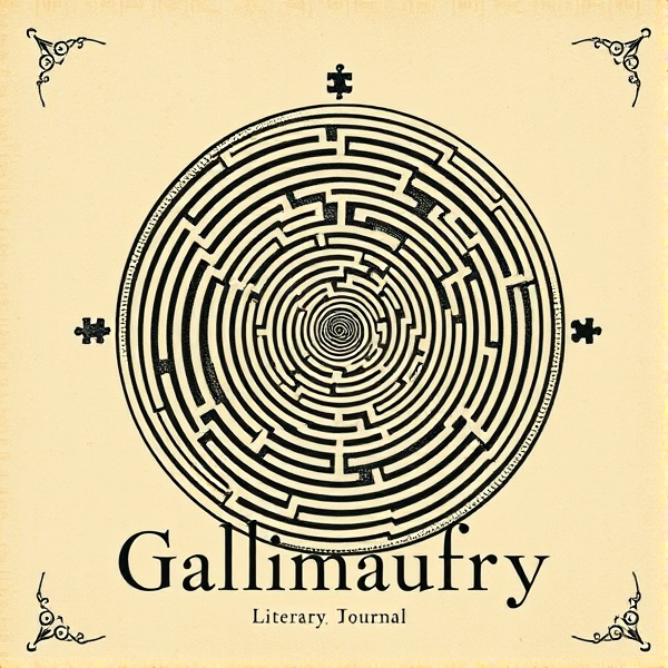 Design a sophisticated and artistic t-shirt graphic for "Gallimaufry," a literary journal, showcasing elements that symbolize paradoxes and puzzles. The visual should include an intricate labyrinth design juxtaposed with an optical illusion that defies expectation, embodying the essence of paradox. Feature enigmatic puzzle pieces subtly integrated into the labyrinth pattern, complemented by elegant typographic representation of the journal's name 'Gallimaufry' in a font that reflects a mysterious or enigmatic aura. The color scheme should be balanced and appealing to literary enthusiasts, with a hint of vintage charm to align with the intellectual theme.