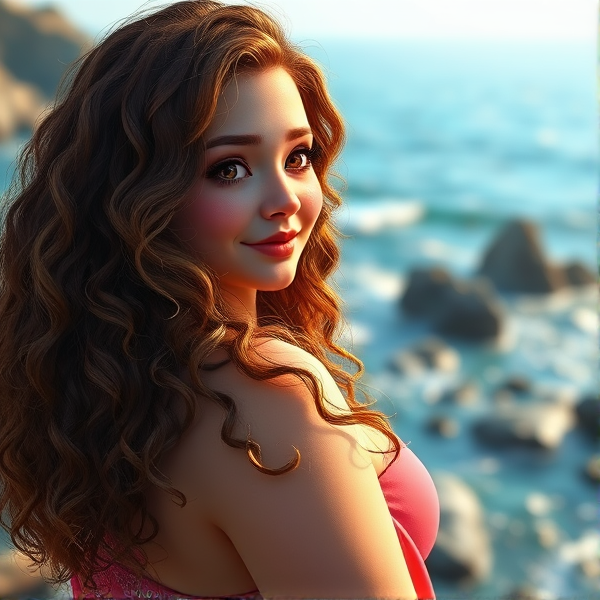 Plus size woman with long curly brown hair looking out into the ocean