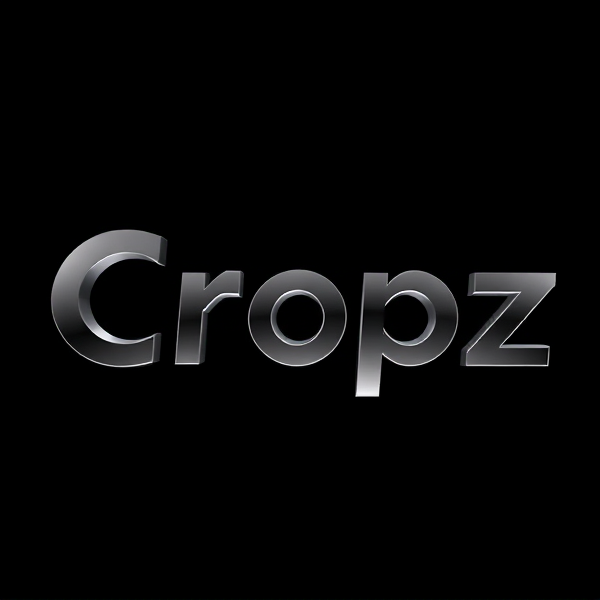 Highly detailed, high-contrast image of a meticulously crafted 3D logo with the inscription "Cropz" in a bold, modern sans-serif font that appears to leap forward from an abyssal black background. The word "Cropz" is rendered with artistic flair, featuring sharp, futuristic curves and a polished metallic texture reminiscent of reflective chrome that beautifully captures and bounces off light, infusing the scene with dynamic energy. The silhouette of the logo is masterfully designed to convey motion and sophistication, composed of sleek geometric shapes that come together to form an intricate yet coherent structure. The visual representation boasts Pixar-like animation quality with superior gradation, emphasizing razor-sharp lines and precise detailing that accentuates its complexity. The logo is expertly brought to life using high-end digital tools such as Unreal Engine, Octane Render, and V-Ray, achieving a strikingly exaggerated and surreal aesthetic laden with avant-garde science fiction elements. It has an imposing presence thanks to its well-defined proportions and exhibits hyper-realistic textures so vivid they seem tangible at first glance, all set against the stark contrast of the deep dark backdrop.