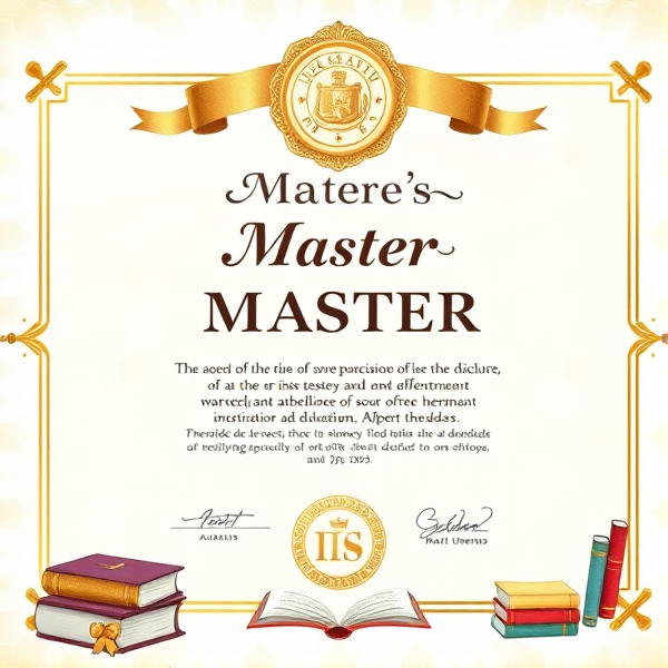 Prompt: Diplôme de Master élégant avec des bordures dorées sophistiquées, un sceau officiel en relief, une typographie classique et claire sur un fond en parchemin texturé, le tout présenté dans un cadre académique avec des livres et des symboles éducatifs