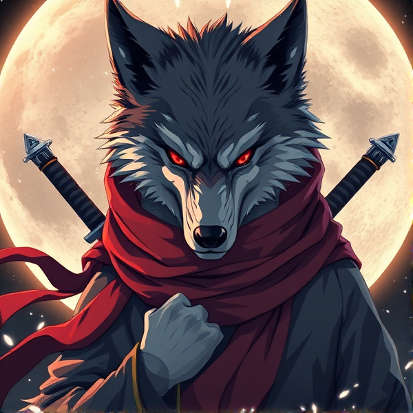 Loup roublard maitre de la lune avec un écharpe rouge autours du cou et avec deux épées dans le dos et il y a les yeux rouges