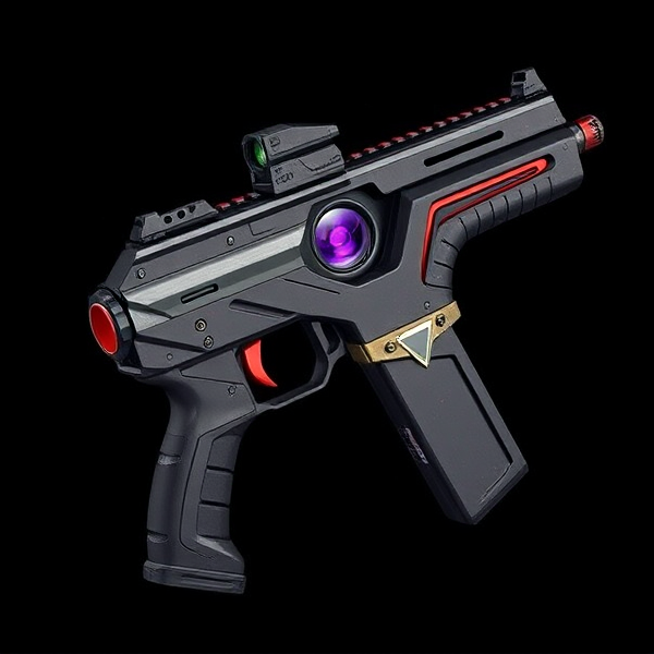 compact submachine gun with a futuristic appearance. It has a slim, sleek design with a collapsible stock and a large magazine that protrudes from the bottom of the gun mostly made of black and silver metal, with some red accents on the magazine and in the shape of a V on the receiver. Also has a simple, streamlined design with a clear, circular aperture in the center. The iron sight is raised and sits above the barrel, and with some dark spots of purple and some parts of extremely light purple