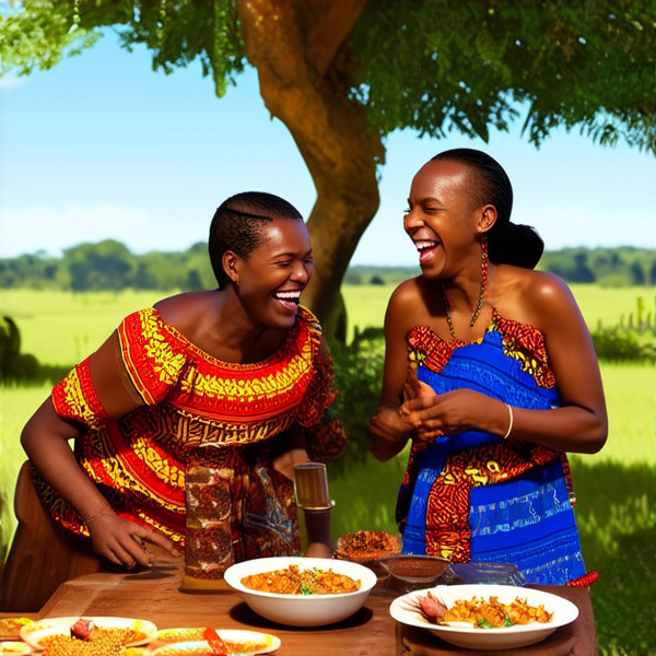 Famille nombreuse souriante réunie autour d'une table rustique en bois garnie de plats traditionnels africains, sous un ciel bleu dans un cadre champêtre avec des arbres et une végétation luxuriante, portant des vêtements africains colorés et variés, échangeant des rires et des conversations chaleureuses