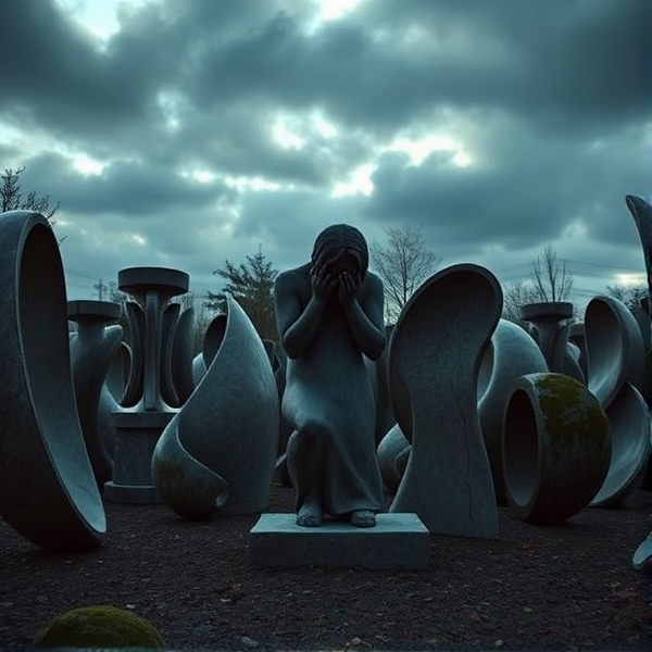 A curvilinear sculpture garden at dusk, filled with flowing abstract shapes symbolizing introspection and shame, under a heavy overcast sky. One prominent statue in the center: a figure hunched over, with its face buried in its hands, as though hiding from unseen onlookers. The smooth curves of the surrounding sculptures stand in stark contrast to the central figure's sharp angles of self-reproach. The scene is illuminated by soft natural twilight creating long shadows that further emphasize the mood of regret. Detailed textures of stone and moss on sculptures suggest age and neglect, enhancing the feeling of sadness and abandonment. The view is from a ground-level perspective, looking up slightly at the central figure to increase the sense of being engulfed by the emotion