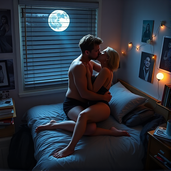 A serene moonbeam, shimmering with a silvery-blue hue, slips through the half-open blinds of a quintessential college dormitory window, casting a celestial spotlight on an intimate vignette within. The room is steeped in the quietude of night, where every soft whisper and gentle breath feels amplified in the stillness. In this tranquil ambiance, an attractive young couple finds solace as they lie in each other's arms upon a twin bed that creaks softly under their shared weight. They lie entwined in a tender and delicate embrace that speaks volumes of their affection.

The man, his bronzed skin glowing under the moon's kiss, possesses an athletic build that harks back to the idealized forms celebrated in classical Greek sculpture—sculpted muscles defined and taut, his stature commanding yet inviting. He dons only a pair of fitted black boxer briefs which highlight his lean waistline and the robust power residing in his thighs. His hair is like spun gold, catching flecks of lunar light, adding to his statuesque allure—a true embodiment of Adonis brought to life.

Beside him, the woman exudes strength and femininity; her athletic frame curves with supple grace beneath the fine lacework of her black lingerie. The intricate patterns of lace play upon her skin as if shadows cast by branches swaying outside their window. Her bright blonde hair fans out on the pillow like radiant threads weaving into the darkness around them. Her legs straddle his waist as she gets intimately close to him.

Together they engage in passionate love-making—the missionary position allowing for an intense and heartfelt union. His fervent kiss meets hers with profound yearning while he supports himself above her with strong arms that emphasize his defined biceps and forearms, careful not to crush her beneath his devoted ardor.

Their surroundings tell tales of academic life—a poster-plastered wall featuring bands and art prints; a desk cluttered with textbooks reflecting faint ghostly images from its glossy surfaces; electronic devices charging silently amidst scattered notebooks; worn backpacks slumped against the wardrobe; strings of unlit fairy lights draped haphazardly along shelves holding mementos from home—and yet these mundane details are but shadows in the glow surrounding them as they celebrate their deep emotional connection amid physical communion.

Around them lies evidence of youthful habitation: simple furniture—a sturdy desk laden with academic paraphernalia; mismatched chairs; an overflowing laundry hamper—flanked by walls adorned with posters displaying abstract designs or favorite musicians. These adornments bear witness to countless hours spent studying or relaxing between lectures yet now serve merely as understudies to this night's performance by two hearts intimately linked. 

The entire scene radiates warmth despite its minimalist dormitory trappings—an unassuming backdrop punctuated by personal touches such as stacked textbooks bearing creased spines from frequent use or photographs pinned haphazardly against corkboards showcasing beaming faces caught mid-laughter—all surrounding this deep emotional and physical bond captured under moonlight's forgiving gaze.

Before generating, think about what a human face looks like. Also, lips so touch when kissing.