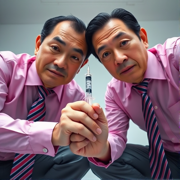 Deux hommes d'affaires japonais senior , vêtus de chemises roses, sont accroupis. Ils arborent des cravates longues et soyeuses avec des rayures bleues et rouges. Leurs regards sont fixes, pénétrants et pleins d'assurance vers l'objectif de la caméra. Les hommes tiennent une seringue plantée profondément dans le cerveau de l'observateur comme s'ils allaient injecter quelque chose dans le cerveau. La prise de vue est en contre-plongée pour accentuer leur présence imposante