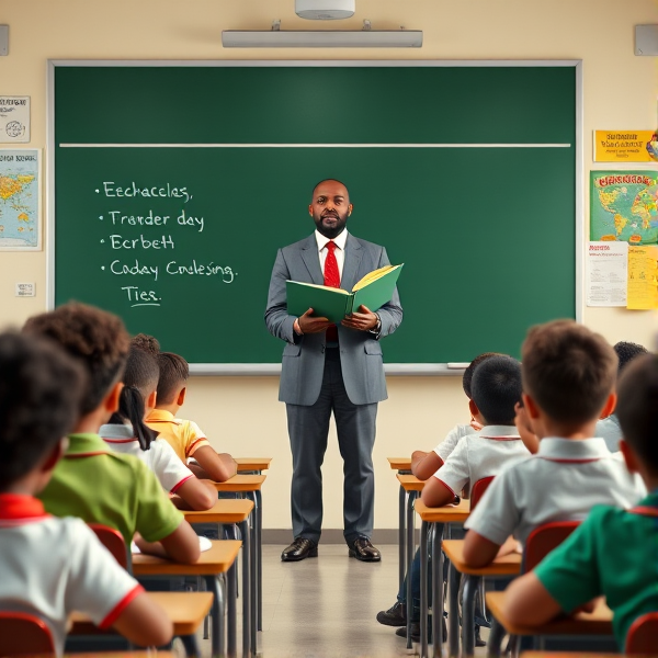 Directeur d'école afro-américain debout tenant un classeur ouvert dans ses mains portant un costume formel, dans une salle de classe avec un tableau vert, s'adressant  à un groupe d'élèves afro-américaines attentives de huit ans assises à leurs pupitres. Ils sont entourés de matériel pédagogique adapté à leur âge, comme des cartes géographiques, des affiches éducatives et des dessins d'enfants accrochés aux murs. La scène dégage une atmosphère chaleureuse et encourageante.