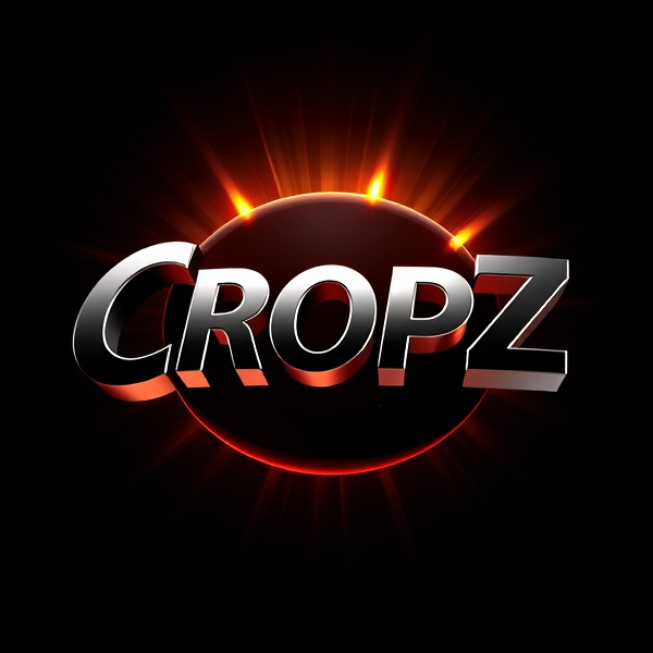 Highly detailed, high-contrast 3D logo of "CROPZ" envisioned in an ultra-modern, sleek, stylish sans-serif and emboldened typography that appears to dynamically burst forward from a pitch-black background. The logo is expertly lit by strategically placed, radiant beams emanating from the Capcut app icon which casts dramatic shadows and highlights across its surface. This logo design boasts avant-garde curves that merge sharp edges with flowing contours, giving it a cutting-edge look that suggests both speed and fluidity. The surfaces are rendered with a smooth metallic sheen that captures and reflects light brilliantly, contributing to an exhilarating sense of movement and energy.

This piece draws inspiration from the breathtaking visual style characteristic of Pixar animations, showcasing razor-sharp lines intertwined with pronounced geometric shapes. A kaleidoscope of rich, vivid colors enhances the composition, complemented by lustrous glossy finishes that lend depth and sophistication to the imagery. For textural realism and intricate detail, rendering techniques mirroring the lifelike quality of Unreal Engine's graphics prowess are employed alongside Octane Engine's accelerated ray tracing capabilities for striking reflections and V-Ray's global illumination for subtle gradations of light.

The overall aesthetic reaches beyond mere realism into an extravagantly surreal realm with science fiction undertones—each element purposefully exaggerated to captivate and hold the viewer's gaze. The end result is an artistic manifestation that refuses to be overlooked; it is boldly extravagant without any pretense of subtlety or minimalism.