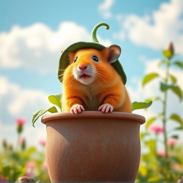 Hamster in a flower pot as a plant bulb with sunlight and orange fur with a dark green plant hat in a garden in front of a blue sky and clouds in realism