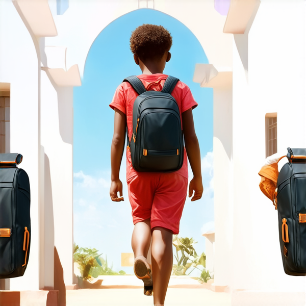 bâtiment d'une école primaire typique au gabon avec des enfants noirs avec des cartables jouant dans la cour, sous un ciel bleu clair