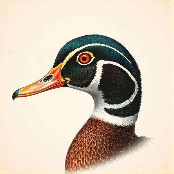 A drawing of a wood ducks head that is colored and make look antique