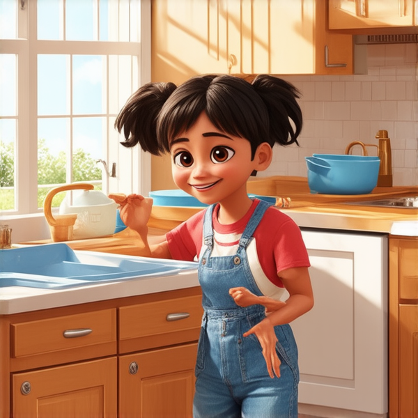 deux adolescents noirs de 14 ans vêtus de vêtements décontractés effectuant avec entrain des tâches ménagères dans une cuisine lumineuse et propre, leur petite sœur noire de 7 ans les aidant joyeusement à ranger la vaisselle propre sur les étagères, fenêtre ouverte laissant entrer la lumière du jour