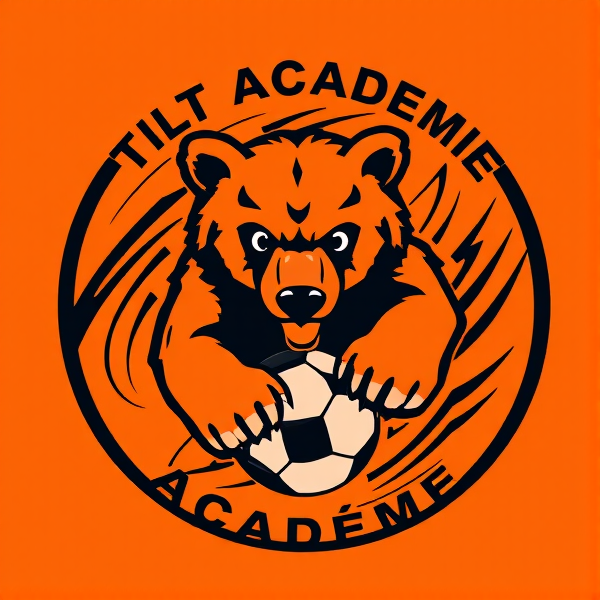 Conception d'un logo dynamique et audacieux pour Tilt Académie, club de football. Au centre, un ourson grizzly dessiné avec une grande précision et finesse artistique, symbolisant la force et la détermination. Autour de lui, des motifs graphiques abstraits suggèrent le mouvement rapide et l'enthousiasme pour le sport : lignes sinueuses évoquant la vitesse et formes géométriques pleines d'énergie. La palette se compose principalement d'orange vif et de noir profond pour un contraste saisissant. Le design global est distinctif, capturant l'esprit du jeu compétitif avec un ourson grizzly qui semble prêt à bondir dans l'action. "Tilt Académie" est incorporé harmonieusement autour du motif central avec une typographie moderne et impactante. Un ballon de football est adroitement intégré au design pour renforcer l'identité footballistique du logo. L'esthétique générale doit fusionner tradition et innovation, convenant parfaitement à un emblème de club sportif.Un logo rond