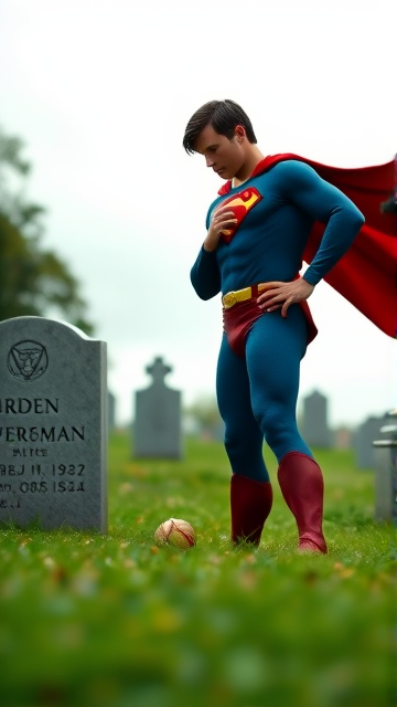 1990's Movie Scene: Jon Kent, AKA Superboy, the young little 12-year old super son of Superman, and the first kid to be born as the world's first Half-Kryptonian child, with an extremely muscular body, the iconic costume, the singular curled bang sticking out at the front of his flat and smooth hair, and a long cape, standing in a graveyard, visiting the grave of his legendary, deceased father, and promises to take his place in the world and carry on his legacy through himself.