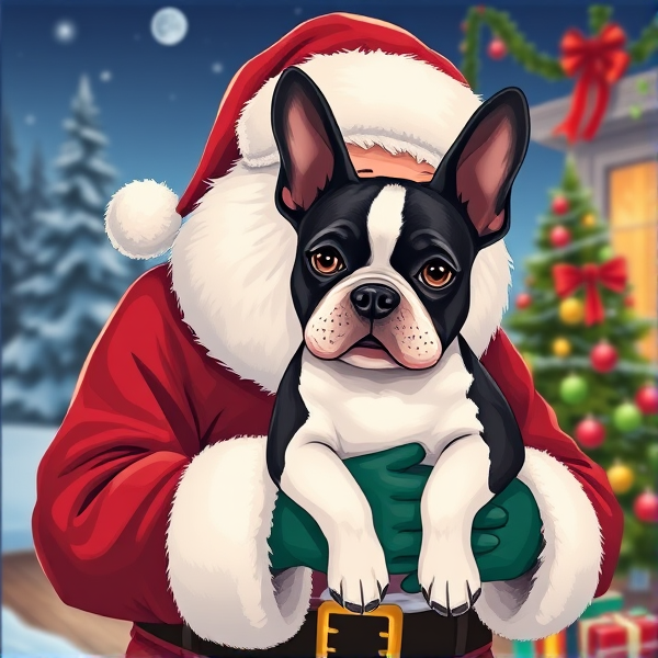 Illustration Santa holding a Boston terrier puppy with a Christmas background scene