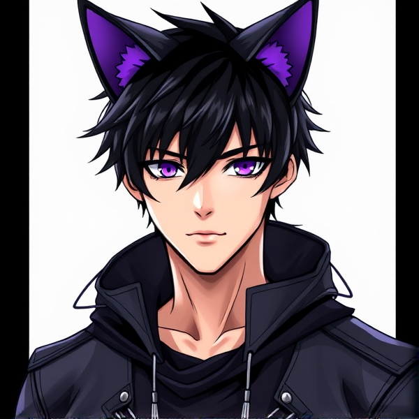 My hero academia oc. Black hair. Purple eyes. Male. Black cat ears with purple insides. Leather hero costume.