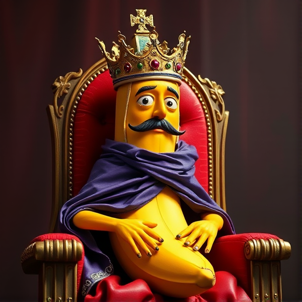 banana wearing  kings crown and purple cape sitting on a red throne