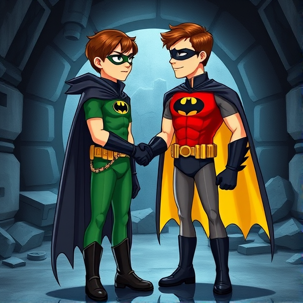 Movie Scene: A medium, preteen 12-year old boy with light skin and dark brown hair named Connor Bardley, but dressed as Robin, The Boy Wonder, with an extremely muscular body, a sleek green suit with a red torso with a black circle with a yellow R symbol on his left pectoral, a gold utility belt, black boots, black long-cuffed gloves, a big, heel-length, ultra-wide collared cape that's black on the outside and yellow on the inside, and a black eye mask, standing in the Bat Cave, where he meets Batman for the first time, where they shake hands and officially team up.