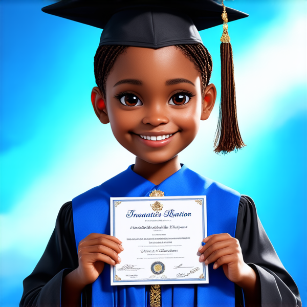 jeune fille noire de huit ans avec des tresses africaines traditionnelles, habillée élégamment pour une cérémonie de remise de diplôme, tenant son certificat, souriante et fière