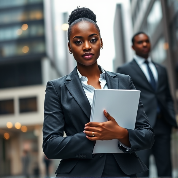 young African woman dressed in a stylish business suit, confidently holding a binder in her hands against an urban backdrop with a man behind her