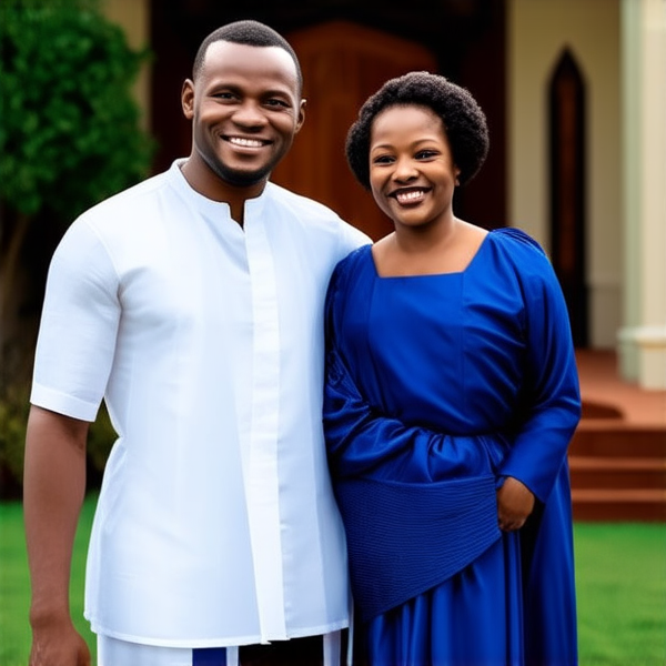 famille africaine joyeuse en tenue traditionnelle, rassemblée à l'extérieur souriant devant une maison spacieuse et élégante avec des éléments architecturaux contemporains