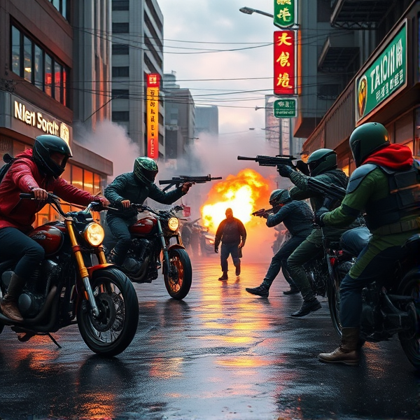 Intense urban showdown between rival factions on a rain-slicked street at dusk, with one gang adorned in vibrant red leather jackets and bandanas wielding customized motorcycles and advanced tech weapons facing off against another gang decked out in varying shades of green, sporting military-grade armor and holding cutting-edge plasma rifles, amidst a gritty city backdrop riddled with dynamic gunfire exchanges, billowing smoke from explosions, shattered glass reflecting the chaos, neon signs flickering overhead and dramatic action poses as combatants leap over obstacles, engage in hand-to-hand combat and strategically use the environment to gain an advantage. The scene is lit by the eerie glow of streetlights mixed with the harsh flash of muzzles and punctuated by the faces of focused fighters, determined to prevail.