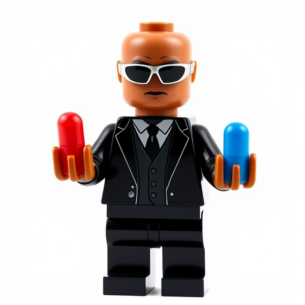 Lego minifigure styled as Morpheus from The Matrix, showcasing meticulous craftsmanship with his iconic shiny black trench coat draped over a sleek vest and tie, reflective silver sunglasses shaped to Lego standards, smooth bald head true to the character's look, standing confidently with an outstretched hand presenting a clear choice between a glossy red pill and a matte blue pill held delicately in claw-shaped hands, high fidelity in plastic texture capturing the light play and shadowing unique to Lego pieces, saturated colors with precise painting of facial features mimicking Laurence Fishburne's intense expression, all set against a stark white background to make the figure pop with exceptional contrast and sharpness