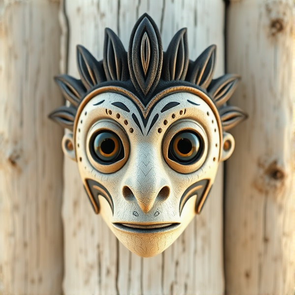 masque ngil du Gabon, texture en bois blanc , éclairage clair et réaliste