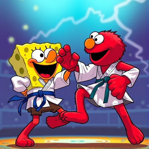 Elmo fighting SpongeBob in karate finals