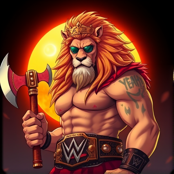 Un lion barbare dieux du soleil, il tien une hache dans la main, avec des poils de lion et une couronne et une carrure imposante et sans collier et avec la ceinture de la wwe le catcheur et ces lunettes de soleil, il a un tatoo sur le bras écris YEAH!