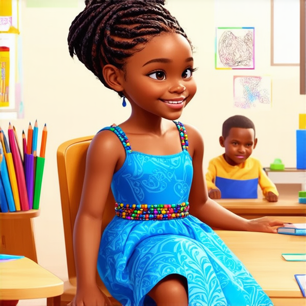Jeune fille africaine de 8 ans joyeuse, vêtue d'une robe couleur bleu ciel, ornée de motifs traditionnels, portant des tresses africaines complexes agrémentées de perles multicolores. Son sourire est large et éclatant. Elle est assise sur une chaise conçue pour enfant, face à un bureau en bois clair dans une salle de classe baignée de lumière naturelle. L'ambiance est chaleureuse avec des murs décorés de dessins colorés et des fournitures scolaires éparpillées. En arrière-plan, on aperçoit distinctement un enseignant interagissant avec les élèves.