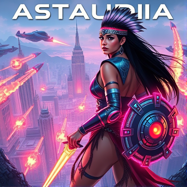 A futuristic, 80s neon, teen magazine featuring an athletic, teenage native girl with long, raven-black hair with a small, techno-feather headdress. She is the fierce battle queen dressed in avant-garde, futuristic, powered armor, her cloak flowing in the breeze, looking up at her sprawling high-tech empire, currently under attack by advanced spacecraft firing missiles and beam weaponry raining down destruction on the city. She strides confidently into the warzone, her back towards us, wielding an energy blade in one hand and a technologically infused tribal shield crackling with energy protecting the other hand.  With the word "ASTAUDIA" written in a retro chrome font at the top.