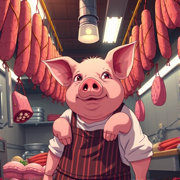 Un boucher cochon a la boucherie avec du saucisson pendu au plafond