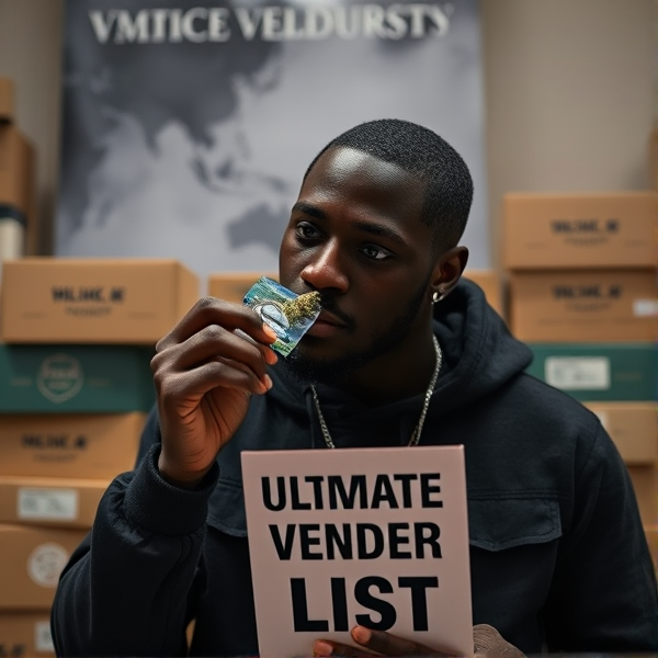 Black guy smoking  with boxes in the back ground . paper that says ultimate verified vendor list