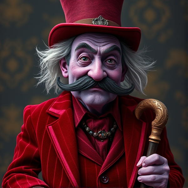 A dreamy elder man figure with purple skin, a dark squiggly mustache and a striped red velvet suit with a cane and a a top hat to match his suit and he’s tall
