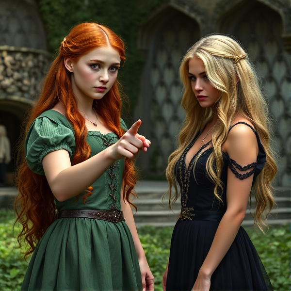 Red haired Caucasian Arthurian teenage princess wearing a green dress, points accusingly at a blonde haired druidess woman wearing a black dress