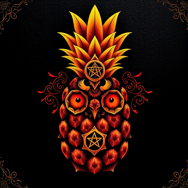 Conception de logo luxueux avec ananas dans un style gothique-victorien, enrichi de motifs ornementaux complexes et d'éléments occultes tels qu'un pentacle et l'œil d'Horus. Palette chromatique raffinée avec dégradé subtil allant de l'orange au jaune et au rose, sur fond évoquant le cuir noir haut de gamme. Ananas aux écailles finement ciselées, doté d'yeux brillants d'un rouge profond pour une atmosphère mystérieuse et intimidante. Fusion élégante de motifs jamaïcains et exotiques pour captiver un public connaisseur, tout en maintenant une harmonie des couleurs vives.