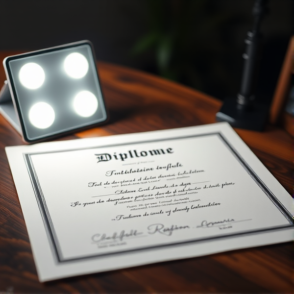 Diplôme écrit en français posé sur une table