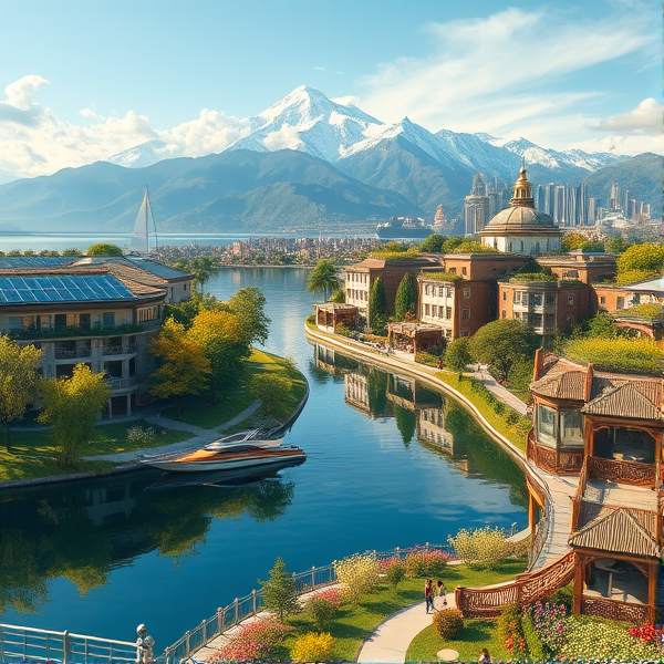 Craft a visionary utopia with state-of-the-art, sustainable architecture: gleaming solar panels adorning the structures, abundant rooftop gardens flourishing with greenery, and crystal-clear walkways seamlessly linking the buildings. This eco-conscious community is alive with harmonious coexistence of humans and dogs, indulging in serene activities—playing baseball amidst the verdant park, immersing in literature beneath the shelter of trees, and creating art by the tranquil lake’s edge. Adjacent to this idyllic scene lies a mirror-like lake reflecting the azure heavens above, its shores adorned with a spectrum of wildflowers and willow branches dancing lightly in the breeze. Towering in the distance are awe-inspiring mountains cloaked in snow, their summits reaching through wispy clouds. Alongside the lake's edge, children's laughter fills the air as they play, while sailboats sporting avant-garde designs cut silently through the city skyline. The atmosphere is filled with a symphony of birdsong intertwined with the gentle drone of unmanned aerial vehicles distributing fresh organic produce to each home. This scene radiates an ambiance of tranquility and progressive harmony within this idyllic society all this during autumn make the lake a bigger with two yacht in the middle