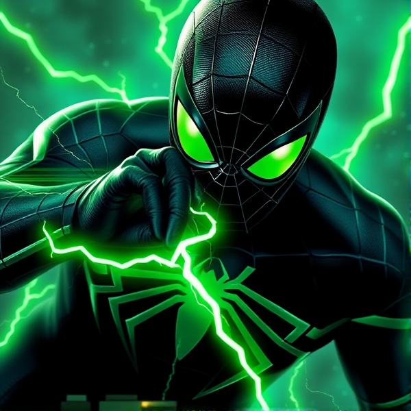 Créer une image d'un spiderman noir et vert avec des yeux vert qui contrôle l'électricité vert